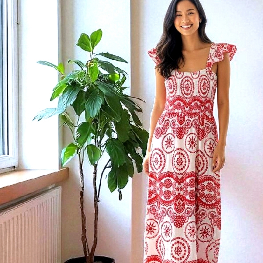 Heavily Embroidered Dress Smocked Midi Red & White Bohemian Fairy Coquette